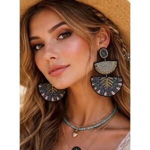 Kay Lee Black Blue Pink Silver Geomerric Beaded Earrings New